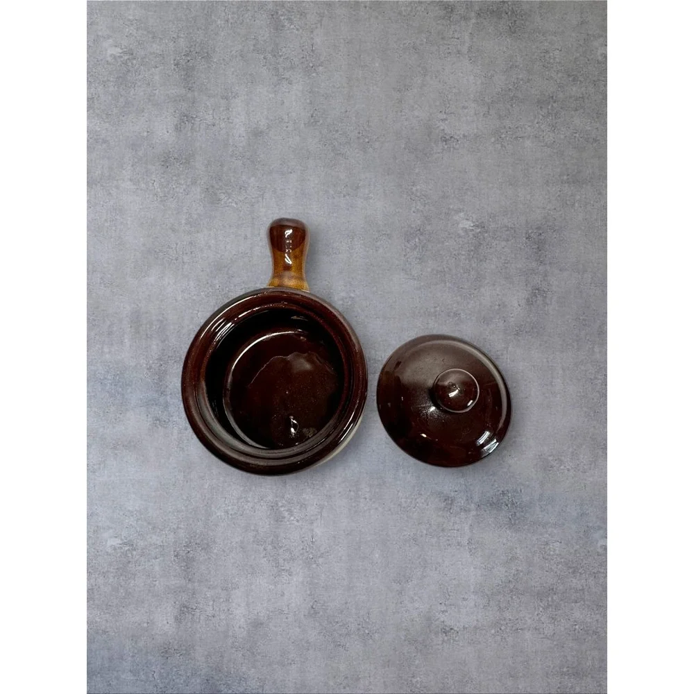 Vintage Ceramic French Onion Soup Bowl Lid Handle Brown Tan Two-Tone